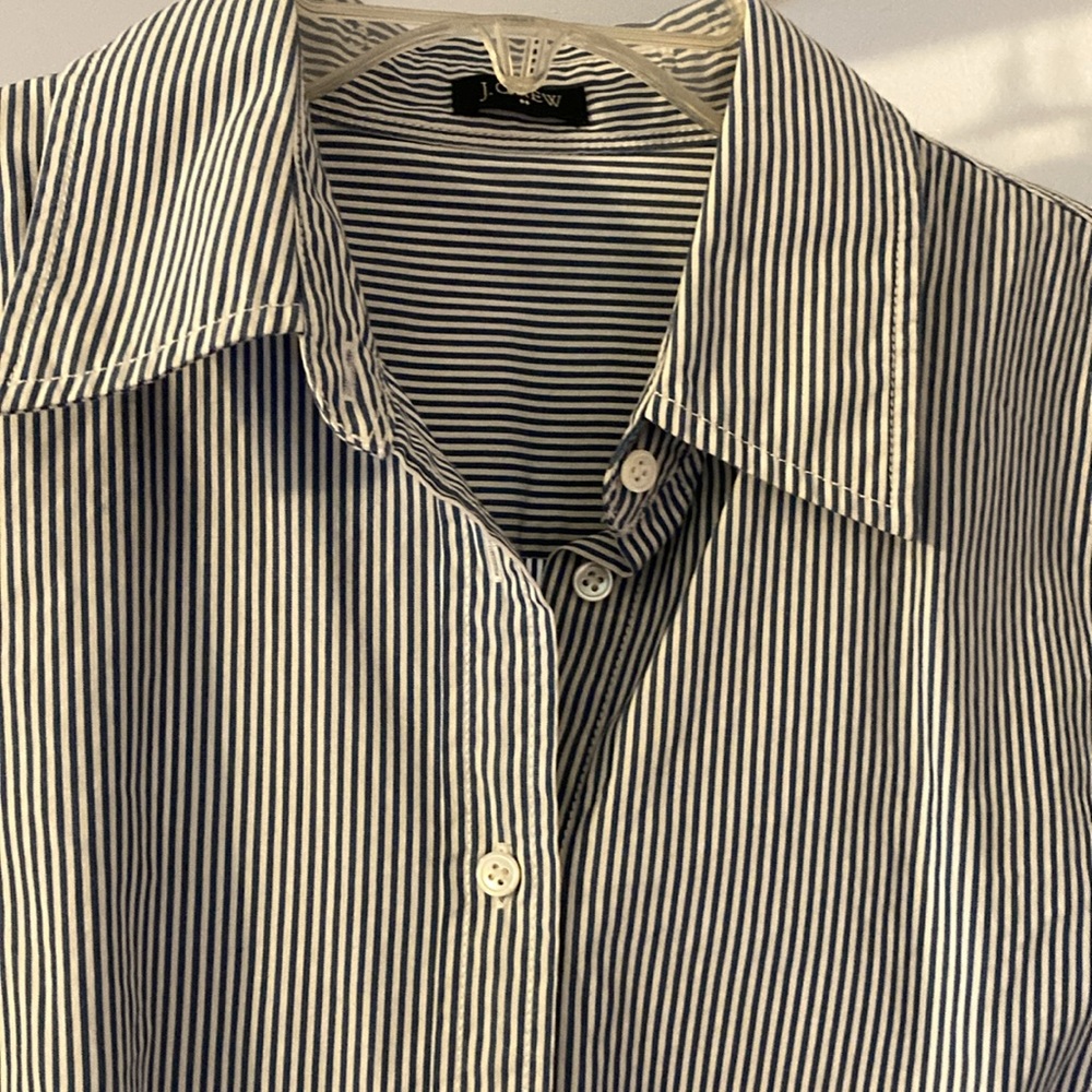 Women’s J. Crew striped button down top and long blue Style & co sweater.